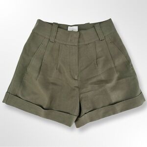 Goop G Label 2 Linen Blend High Rise Pleated Twill Tailored Green Shorts